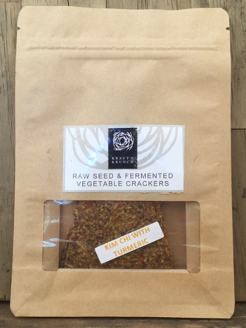 Raw seed, kim chi and turmeric crackers