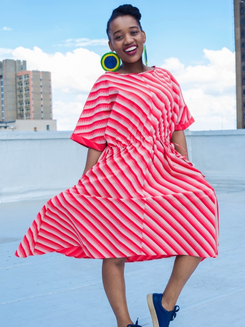 Folded Sleeve Dress - Red and White