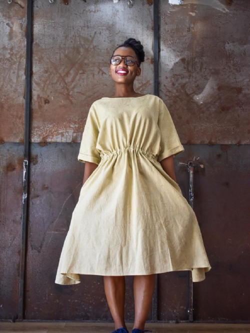 Folded Sleeve Dress - Fawn Embroidered