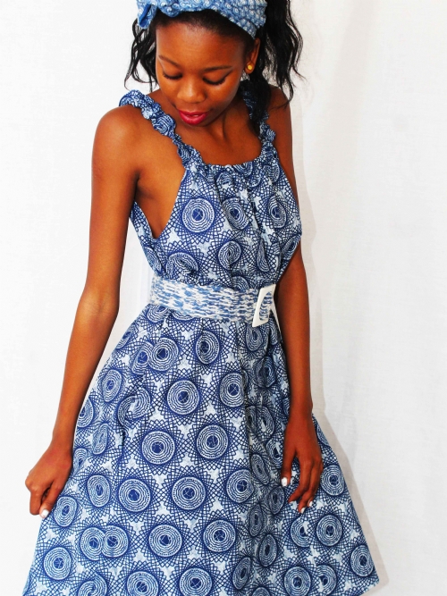 Elastic Neck Dress - Blue and White