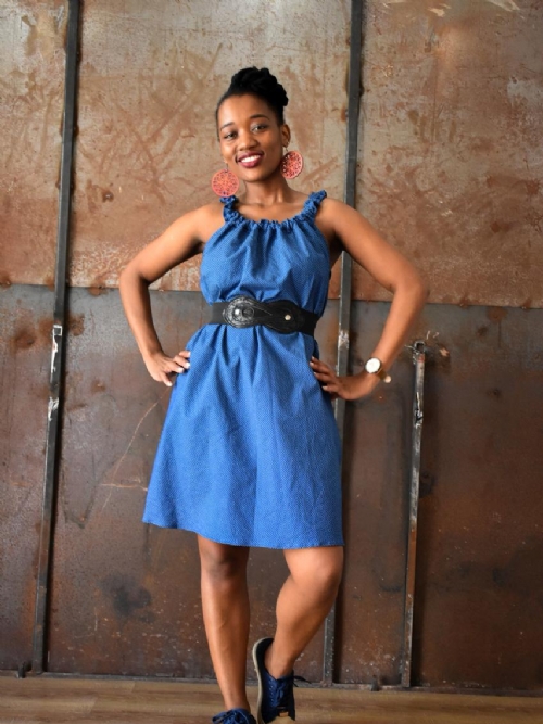 Elastic Neck Dress - Blue and White Dots