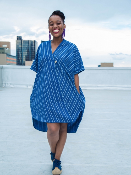 Front Folded Dress - Blue and White Strips and Dots