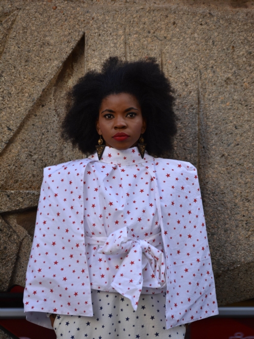 Poncho/Cape With Attached Scarf - White And Red Stars