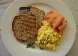 Deluxe breakfast-Smoked trout with scrambled eggs.
