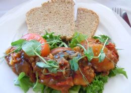 Veggie sandwich-Brinjal, sweet potatoe and lentil open sandwich with homemade brown bread and pea shoots.