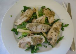 Chicken sage salad on lettuce, Rocket, Corn & Leek in a Sage dressing.